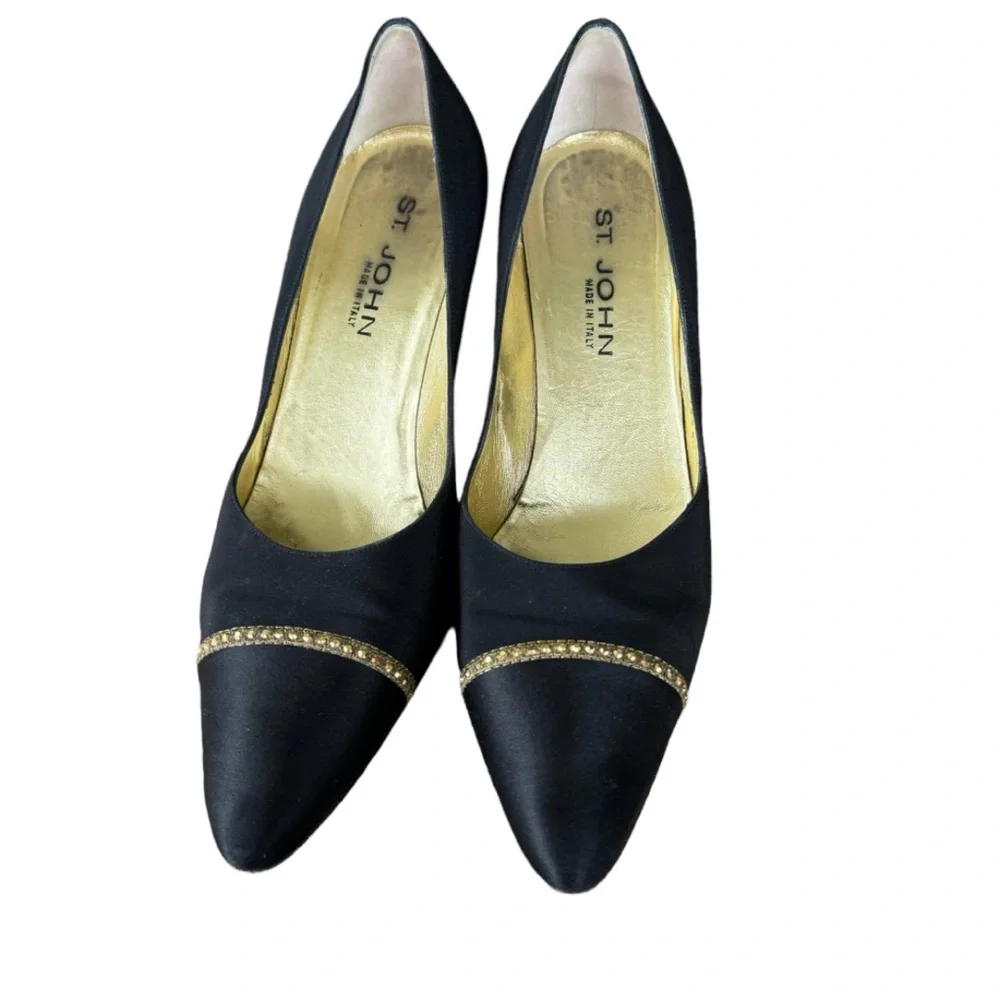 ST JOHN Made In Italy Black Cloth Rhinestone Trim Women's Heels Size 11